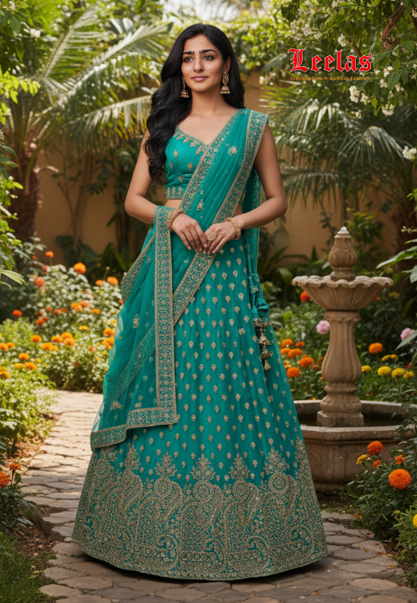 Turquoise Net/satin with gold Embroidery  work  lengha with blouse piece