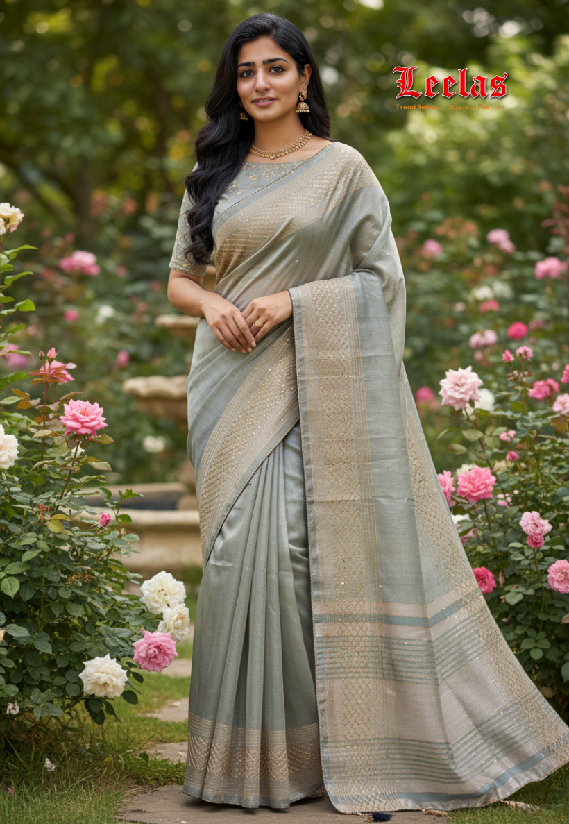 Grey cotton silk saree with zari work