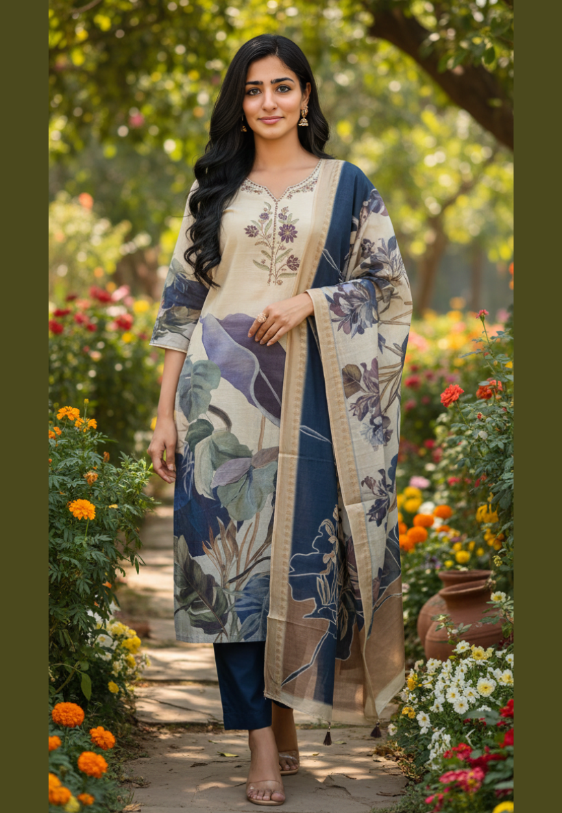 Cream and blue digital print salwar kameez