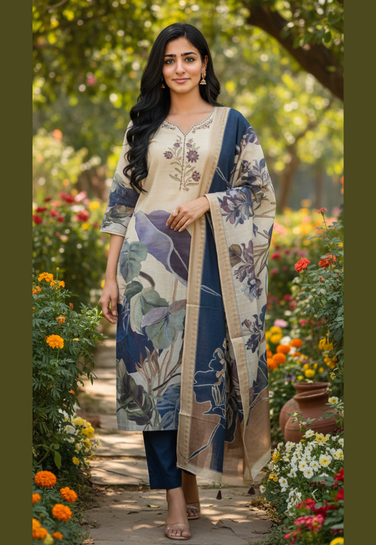 Cream and blue digital print salwar kameez