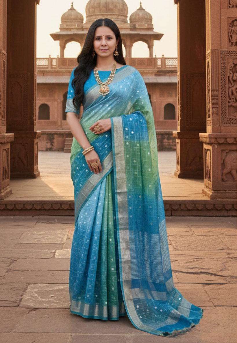 Green and Blue Crepe silk ombre saree with zariwork