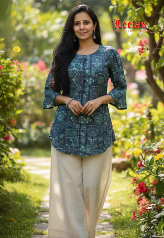 Blue printed viscose kurti top
