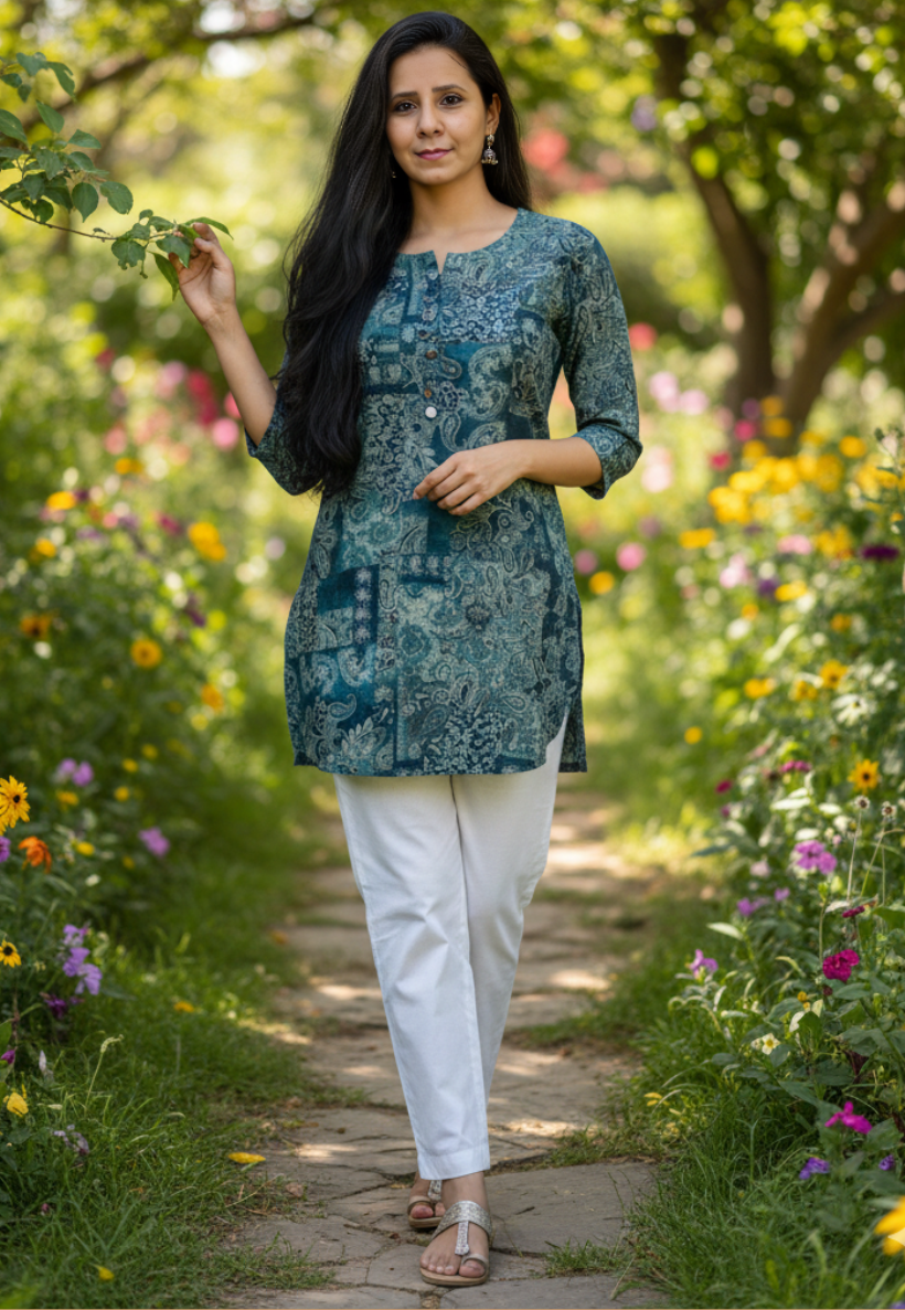 Blue Floral Viscose Kurti Top