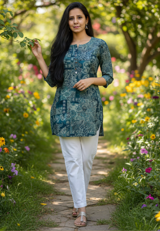 Blue Floral Viscose Kurti Top