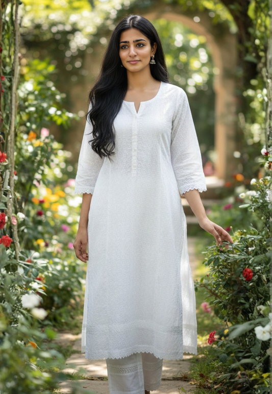White cotton embroidered round neck chikankari anarkali style salwar kameez with matching dupatta