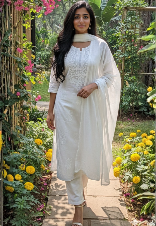 White cotton embroidered round neck chikankari salwar kameez with matching dupatta