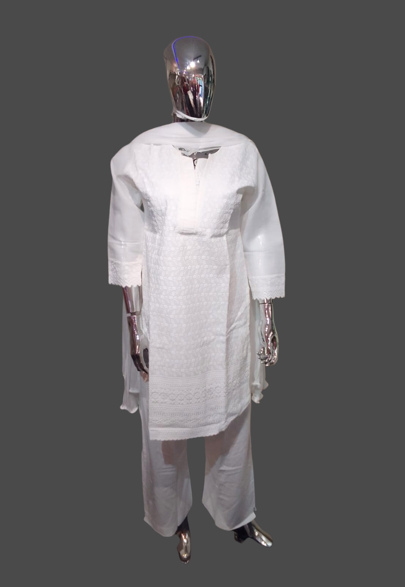White cotton embroidered  round neck chikankari salwar kameez with matching dupatta