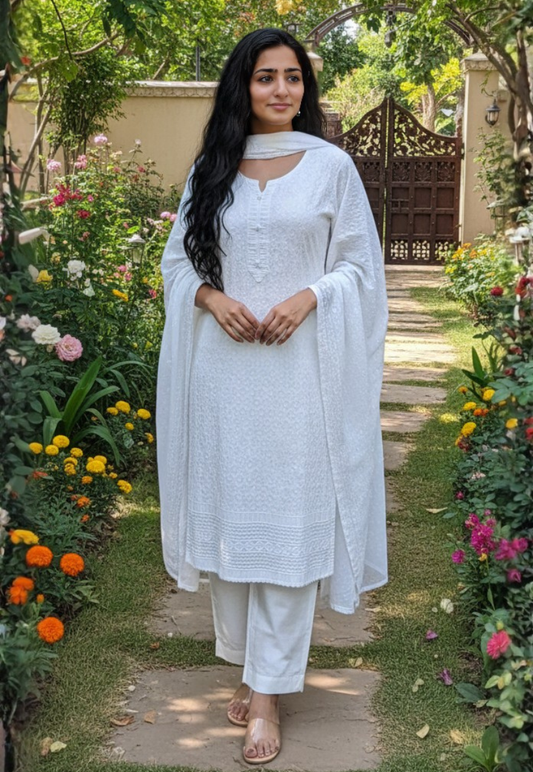 White cotton embroidered and sequins round neck chikankari salwar kameez with matching dupatta