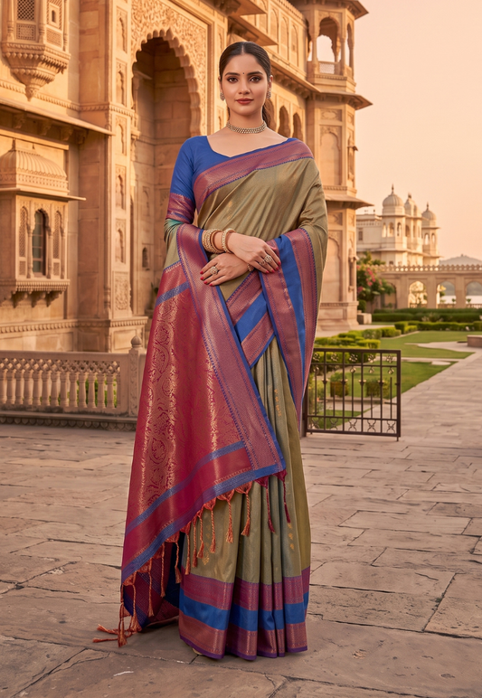 Olive green and indigo blue toned art silk saree with copper zari work and blouse piece unstitched