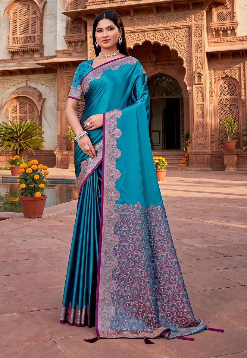 Sea blue  satin  banarasi silk saree with matching blouse piece unstitched