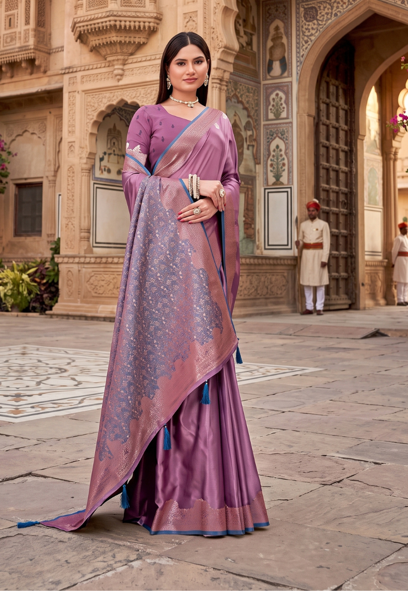 Mauve and teal satin banarasi silk saree with matching blouse piece unstitched