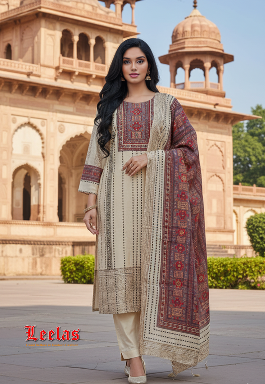 Cream, brown and maroon silk salwar kameez