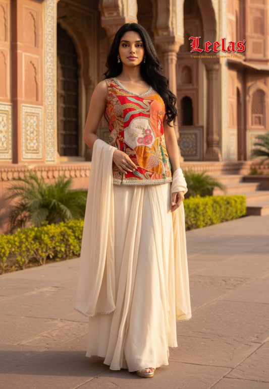 Cream, maroon and green silk lengha