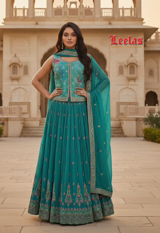 Turquoise silk long blouse lengha