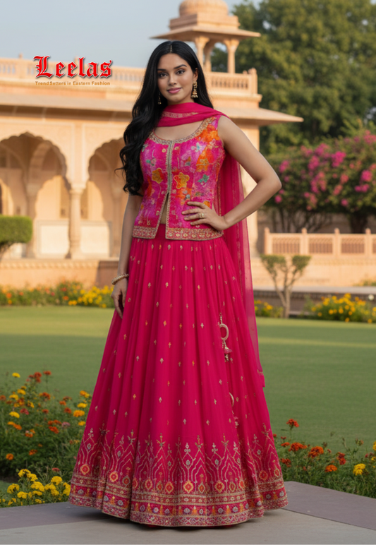 Cerise pink silk long blouse lengha