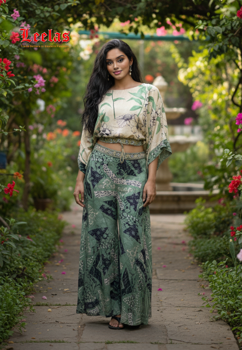 Indo Western cream floral top with mint green floral pallazzo pants