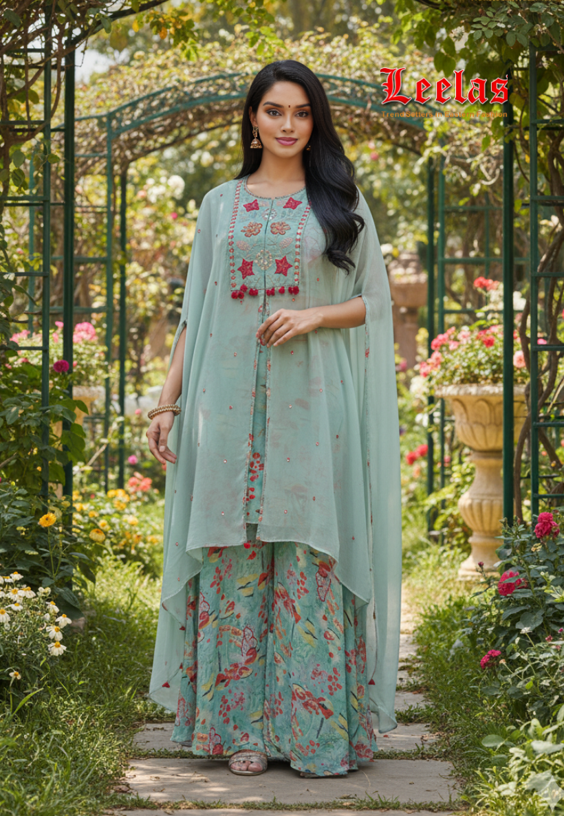 Georgette Indo Western Cape style  mint green long top with ready made floral bouse and floral pallazzo pants