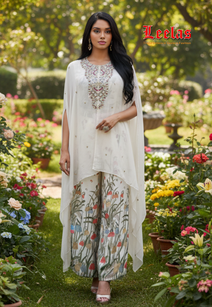 Georgette Indo Western Cape style white long top with ready made floral bouse and floral pallazzo pants