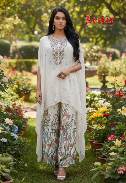 Georgette Indo Western Cape style white long top with ready made floral bouse and floral pallazzo pants
