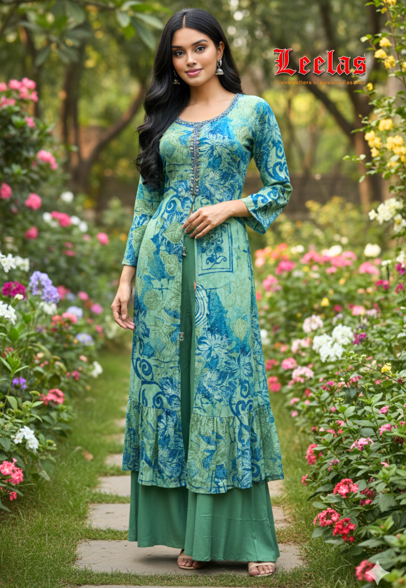 Green and blue floral silk indo westen top with  plain cotton pants