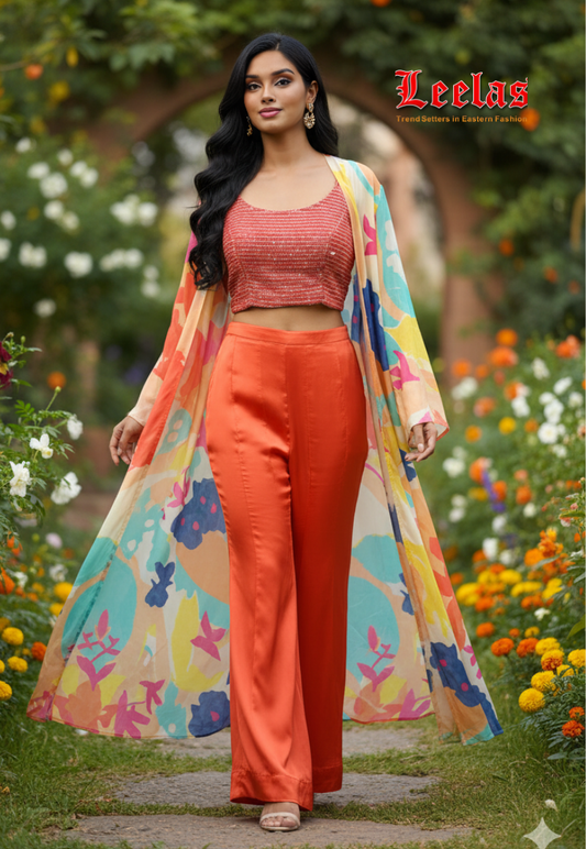 Coral silk indo western short top with sequin, full beaded work and long multi-coloured long jacket and plain coral silk pallazzo pants