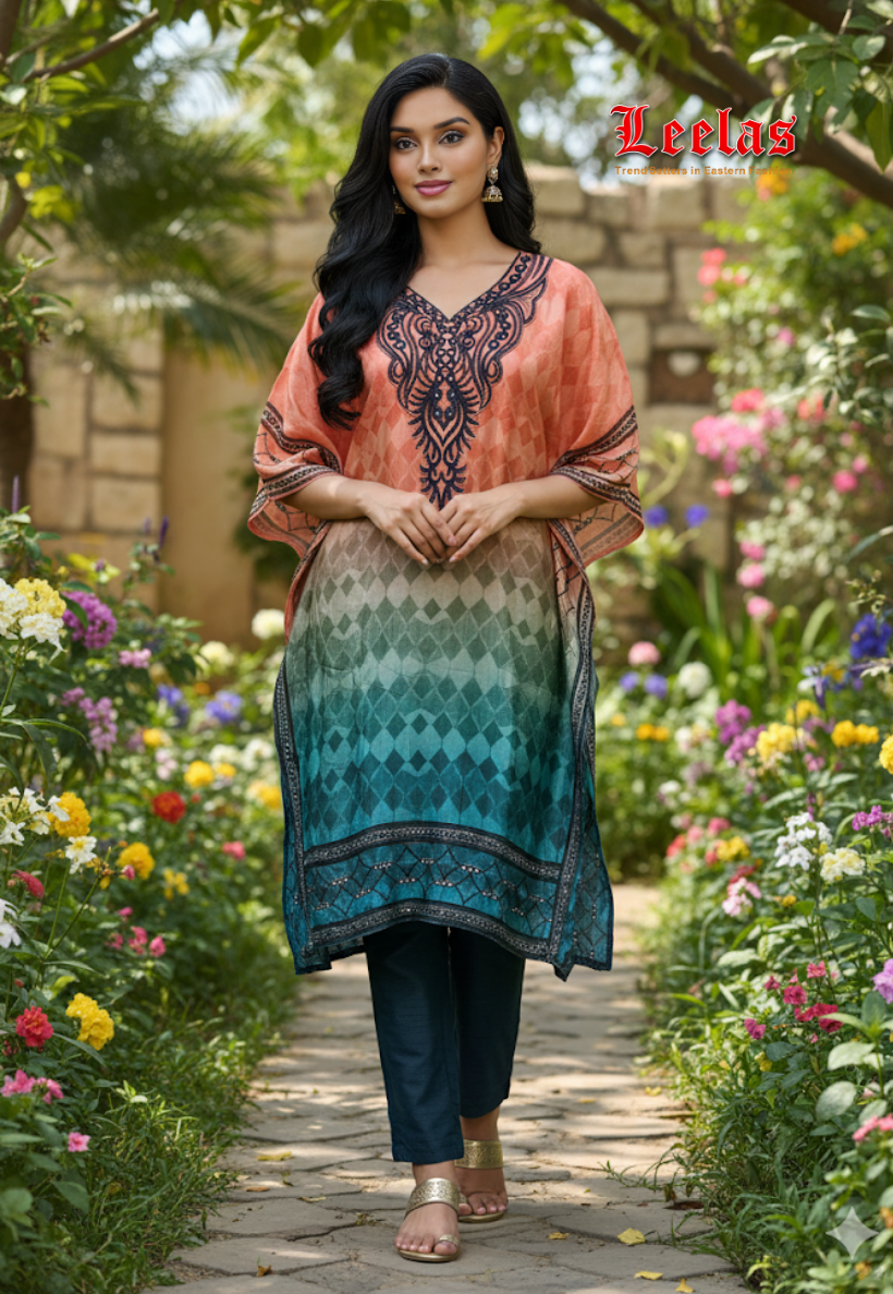 Burnt orange and teal silk kaftan style indo western top with matching pants