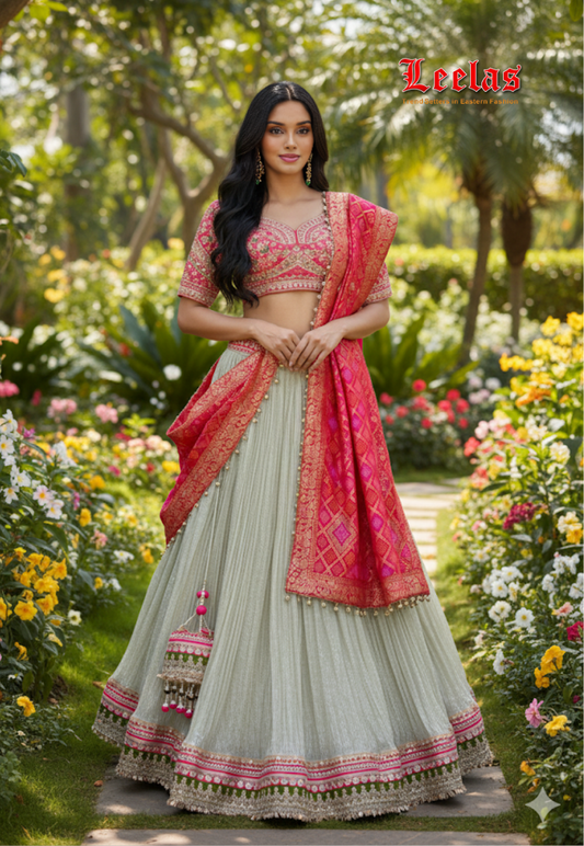 Cerise pink silk  bandhini lengha with matching scarf