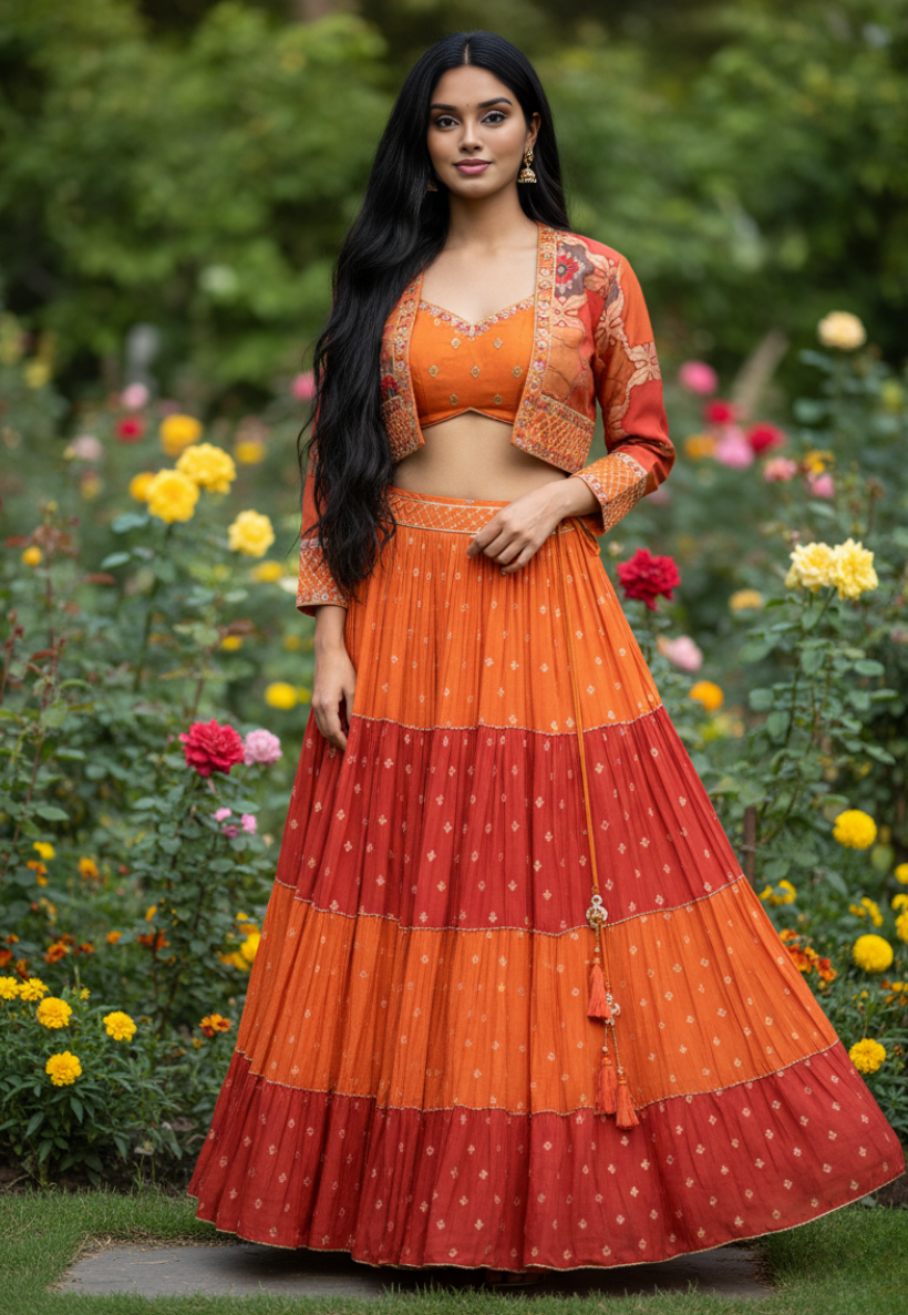 Rust and maroon silk lengha with gold work