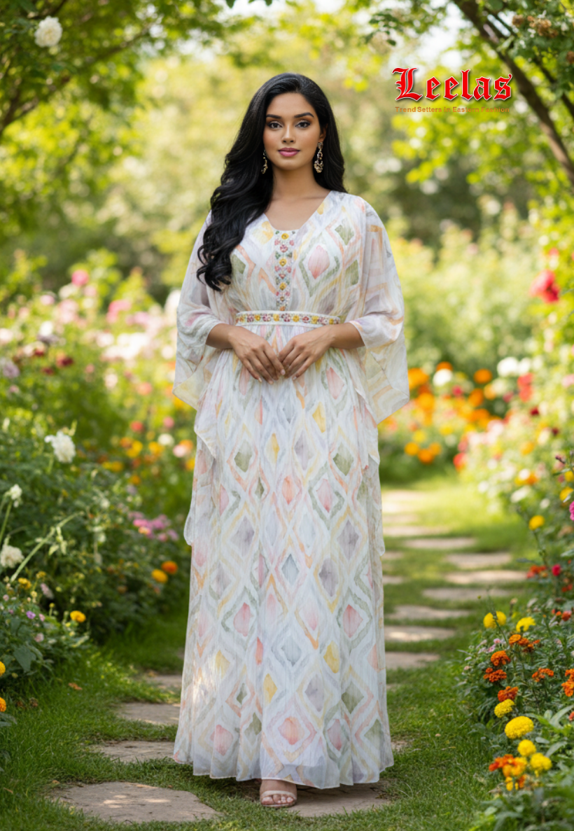 White and multi-coloured pastel shade printed long sleeve georgette dress
