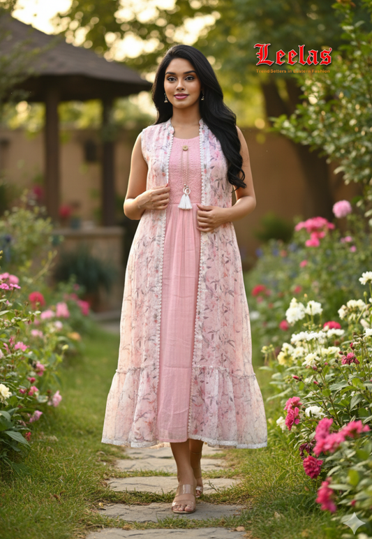 Peach sleeveless cotton dress with printed white and peach floral sleeveless jacket