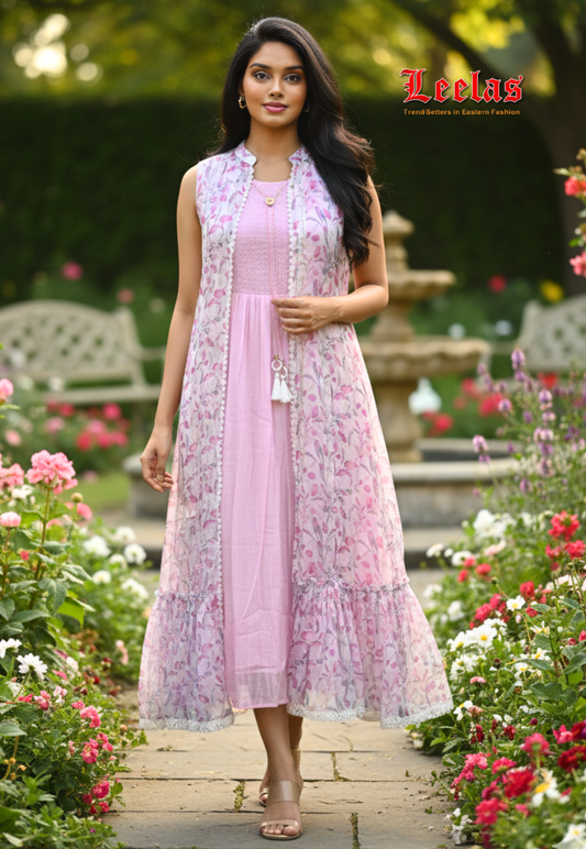 Baby pink sleeveless cotton dress with printed white and baby pink floral sleeveless jacket