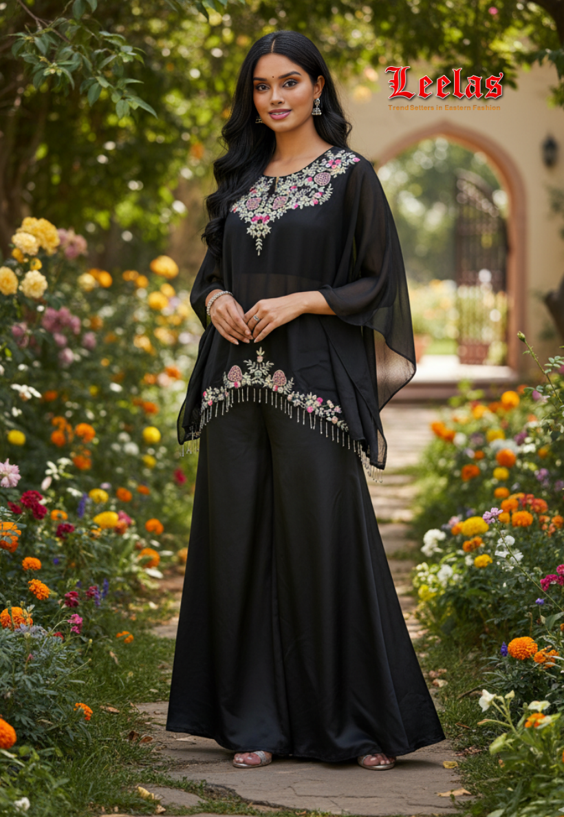 Black silk indo western outfit with full multi-colour  embroidery and plain silk ready made blouse , poncho black jacket with embroidery and plain black silk pallazzo pants