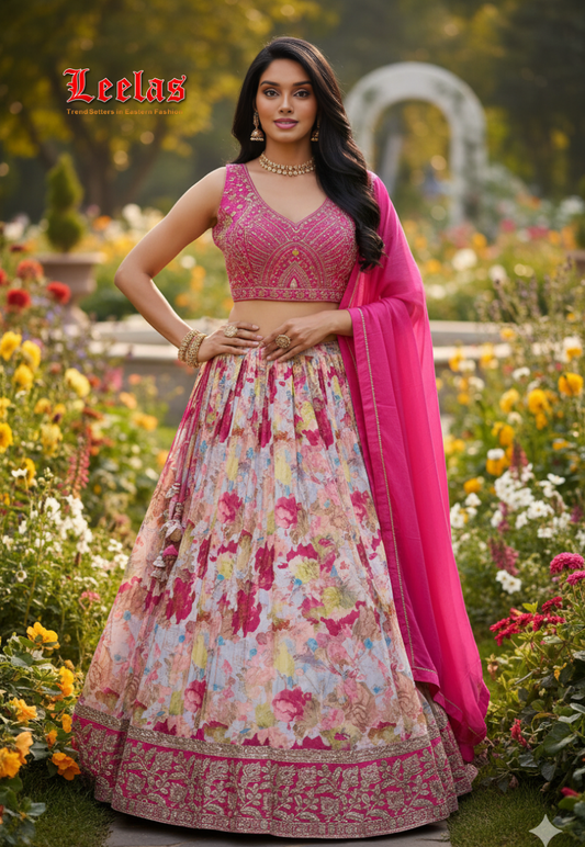 Cerise pink abstract printed crushed silk lengha