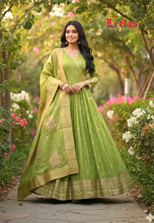 Apple green and gold silk  dress