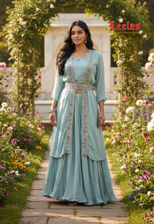 Sea green silk lengha with sleeveless ready made blouse with sequin and embroidery work, long sleeve, long jacket and matching jacket
