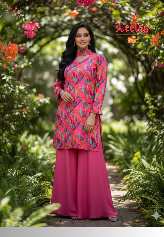 Cerise pink floral jacket with plain cerise pink pallazzo pants