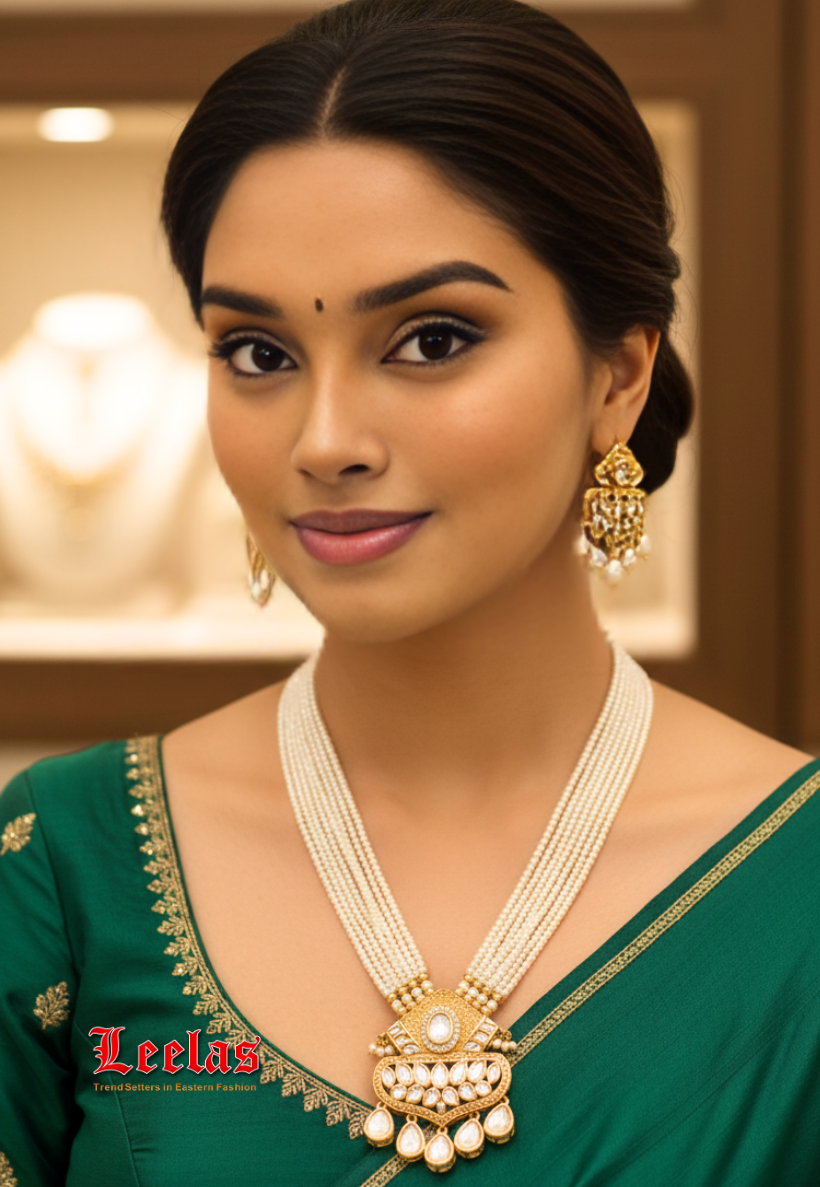 Gold and cream pearl long necklace set