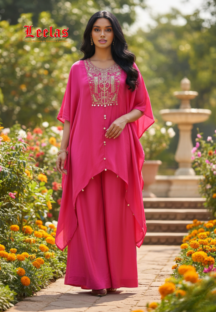 Cerise pink kaftan style indo western top and with bead and sequin work and matching pants
