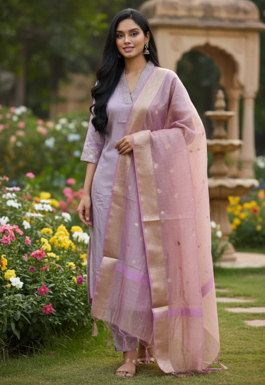 Lilac silk salwar kameez with gold  beadwork on neckline