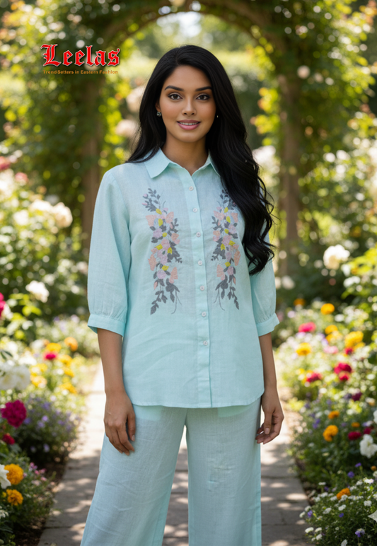 Light mint green cotton shirt with embroidery detail and plain light mint green pants