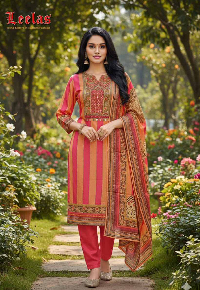 Peach and coral silk printed salwar kameez with embroidery and mirror work on bodice