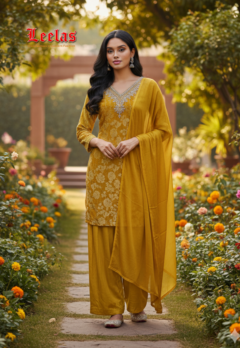 Mustard silk sharara with embroidery and sequin work