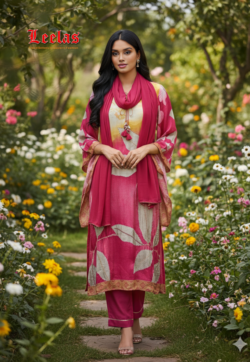 Mustard and cerise pink floral crepe silk salwaar kameez