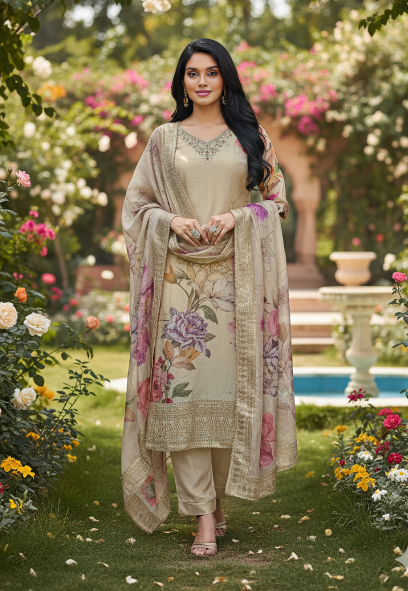 Biscuit floral crepe silk salwar kameez