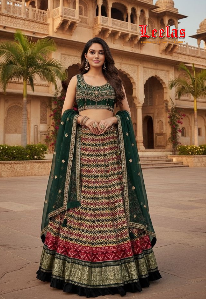 Multi-coloured silk lengha with green dupatta