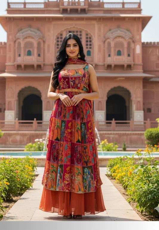 Orange floral georgette Indo Western outfit