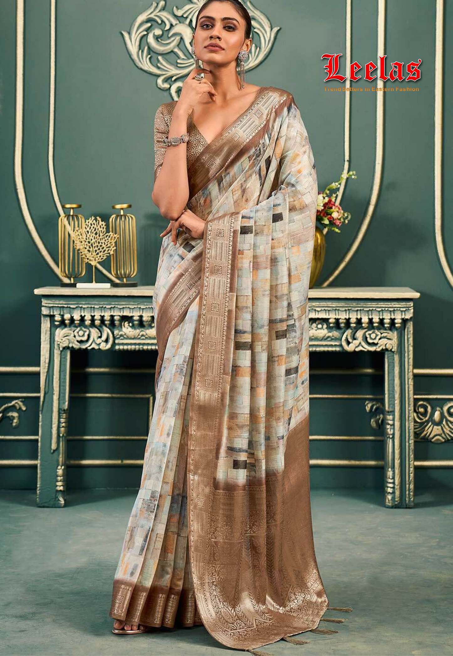 Beige and brown printed cotton brasso saree