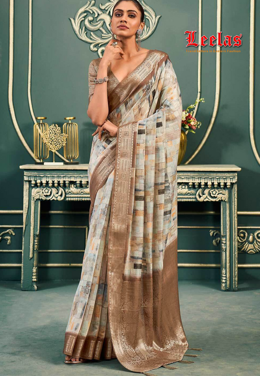 Beige and brown printed cotton brasso saree