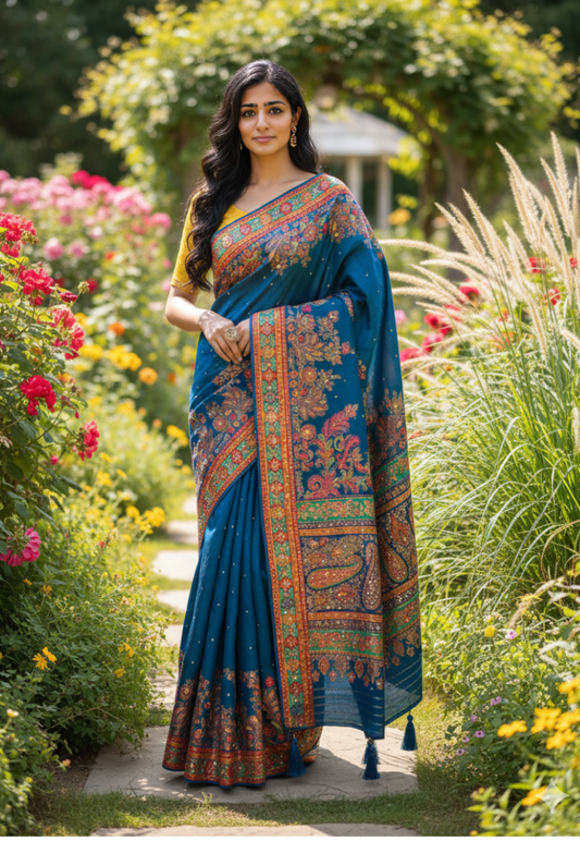 Deep blue Art Silk embroidery and stonework saree