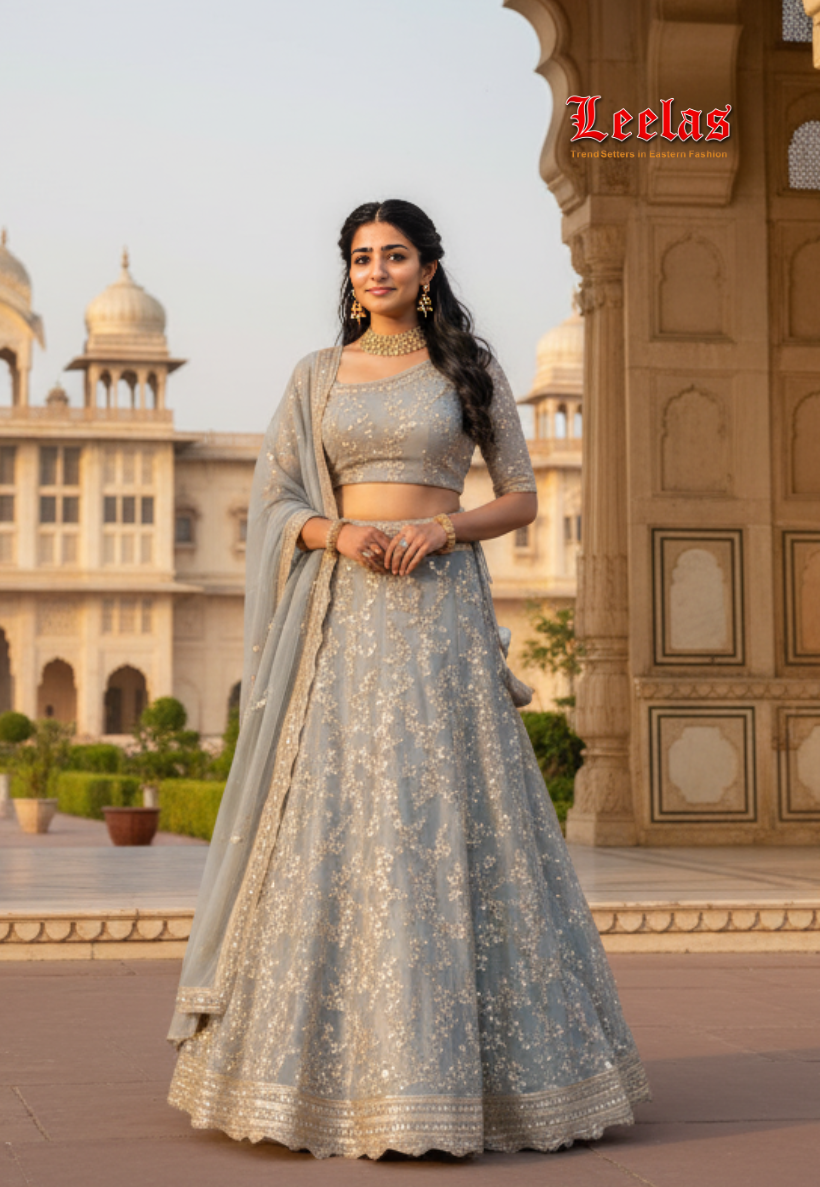 Dove grey Jimmy Choo shimmer fabric withfully embroided unstitched lengha choli with sequin and beadwork